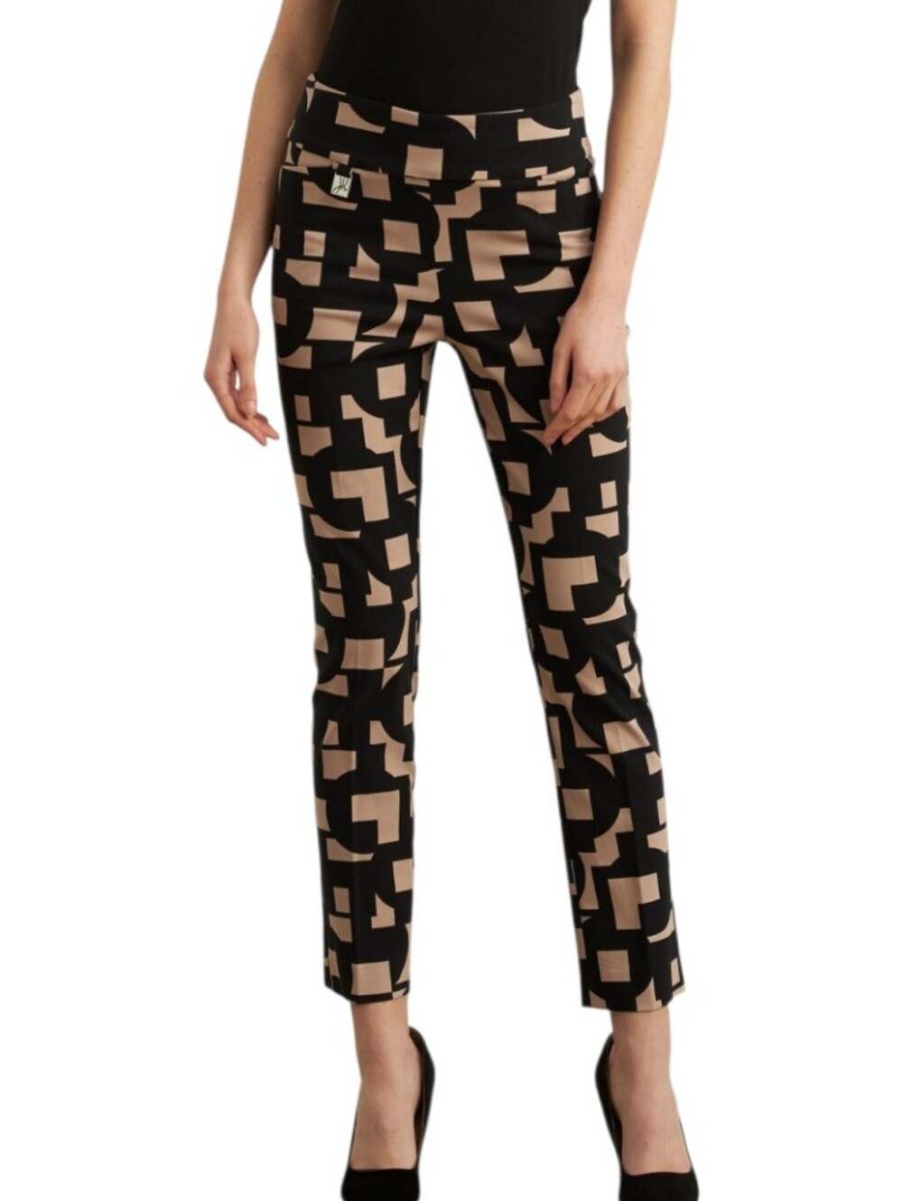 Joseph Ribkoff Black Tan Geometric Print Pull On Crop Ankle Pants 12